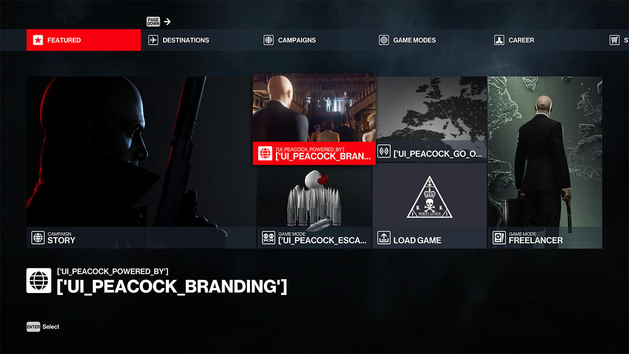 Captura de tela da página em destaque do Peacock em HITMAN: World of Assassination. Texto de elementos do menu de conteúdos customizados Peacock com ['UI_PEACOCK.